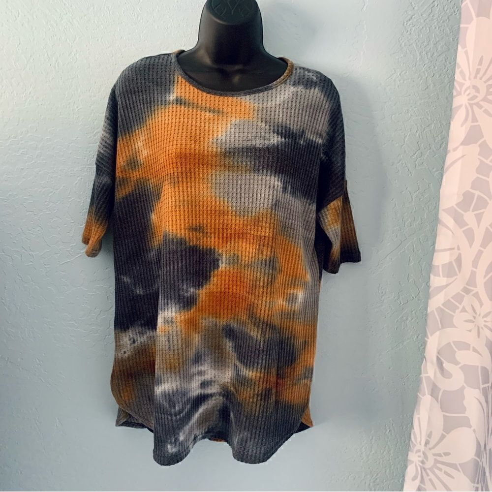 Lildy Gray & Orange Tye Dye Waffle Knit 3/4 Sleeve Tunic Top Size Small/Medium